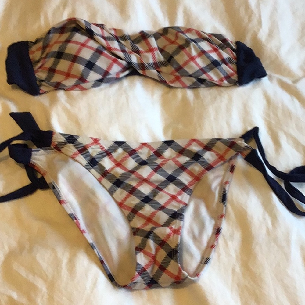 Strapless plaid bikini with side tie bottoms